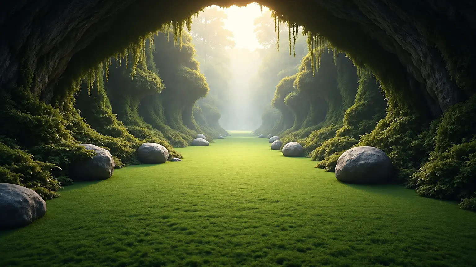 Morning light over a mossy woodland grotto