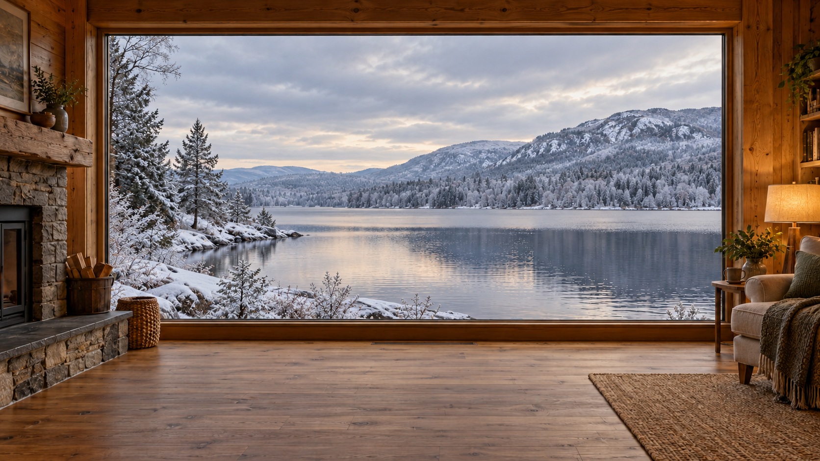 Warm cabin looking out over a snowy lakeside landscape