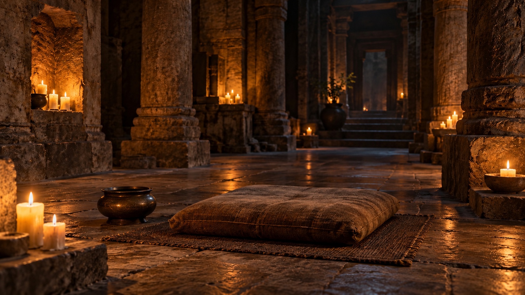 Candlelit temple interior