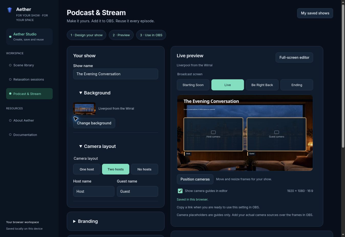 Podcast editor with show name, camera layout and the live branded preview