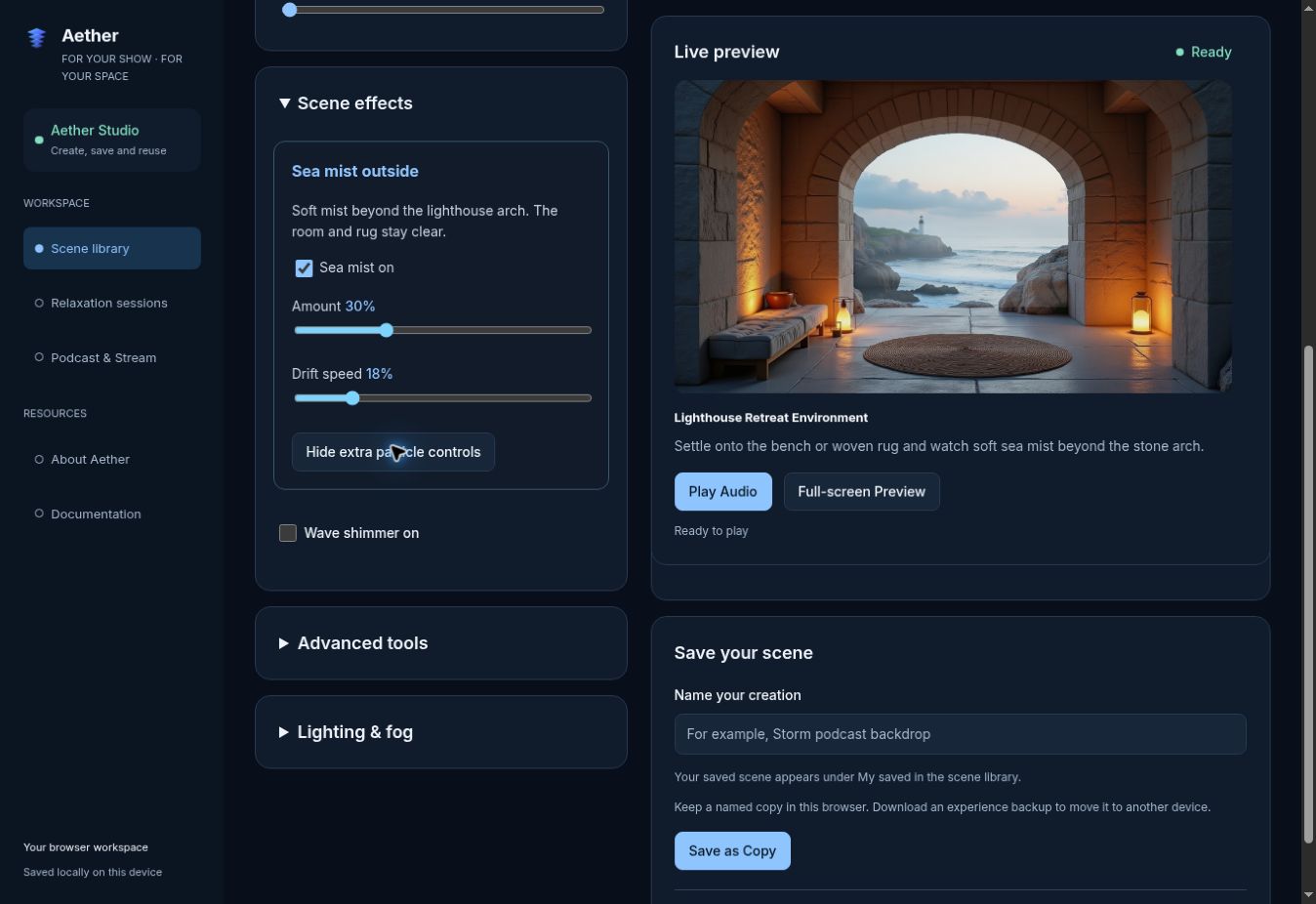 Scene editor showing sea mist controls beside the Lighthouse Retreat preview